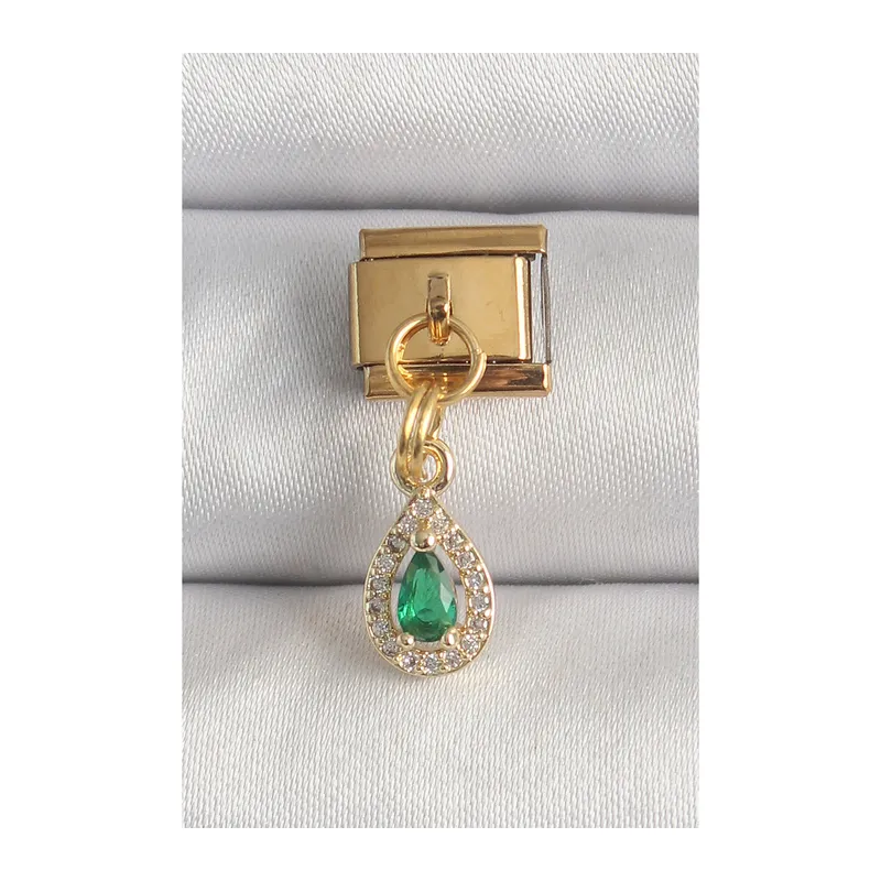 316L Çelik Gold Renk Sallantı Damla Yeşil Zirkon Taşlı Nomination Charm
