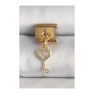 316L Çelik Gold Renk Sallantı Zirkon Taşlı Kalpli Anahtar Model Nomination Charm
