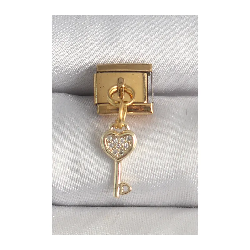 316L Çelik Gold Renk Sallantı Zirkon Taşlı Kalpli Anahtar Model Nomination Charm
