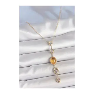 Pirinç Zincir Kehribar Sarı Gold Renk Zirkon Taşlı Y Kolye