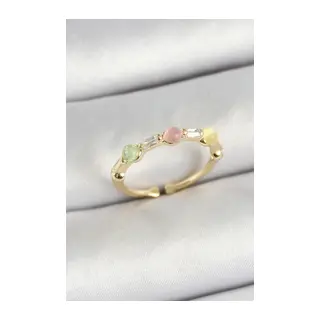 Pirinç Sıralı Boncuk Figürlü Zirkon Taşlı Gold Renk Ayarlanabilir Kadın Yüzük
