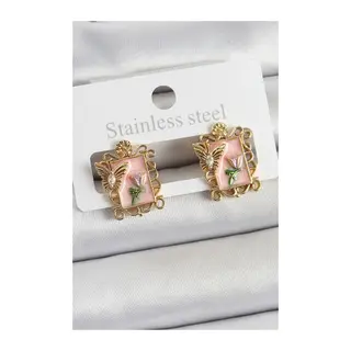 Pirinç Pembe Mineli Sanatsal Portre Model Gold Renk Kadın Küpe