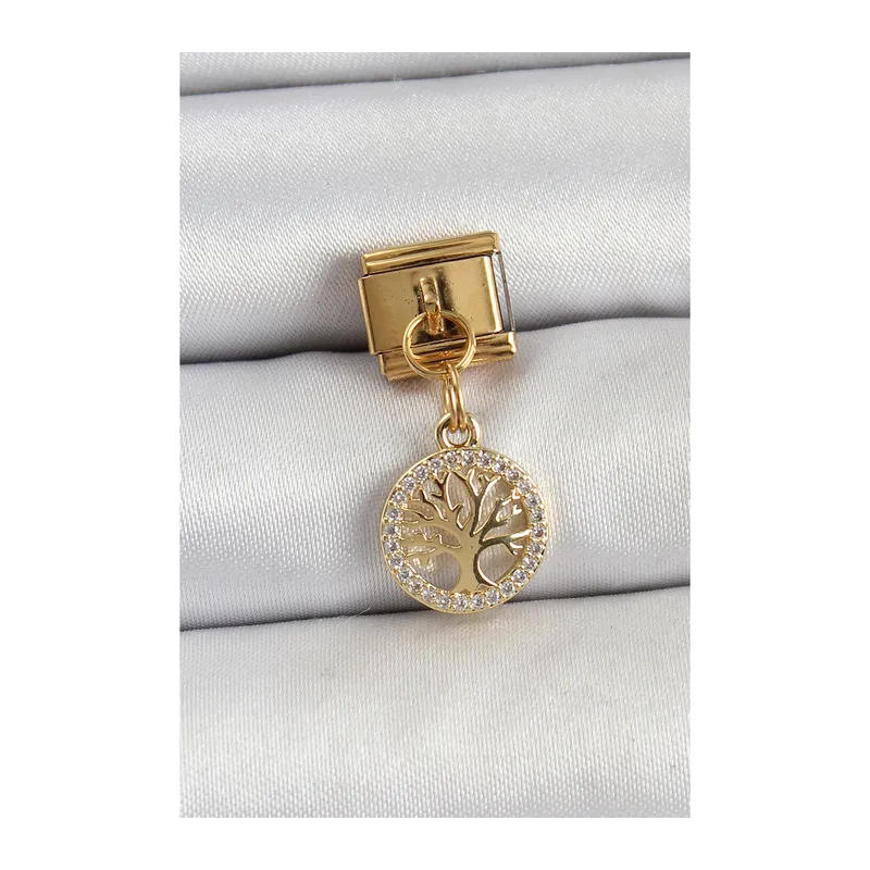 316L Çelik Sallantılı Zirkon Taşlı Hayat Ağacı Model Gold Renk Nomination Charm