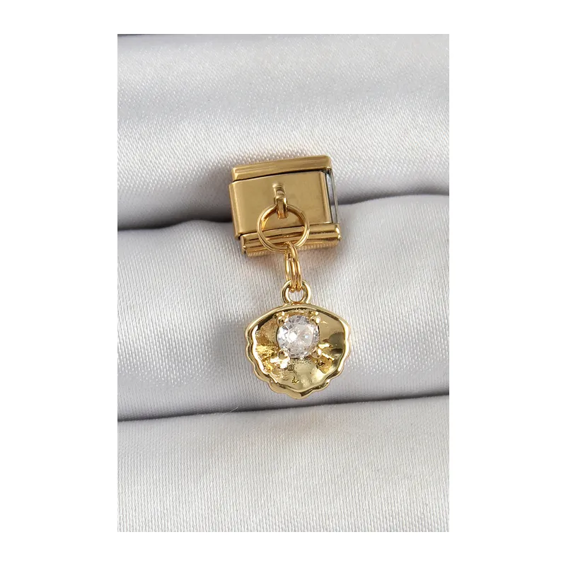 316L Çelik Sallantılı Zirkon Taşlı İstiridye Model Gold Renk Nomination Charm