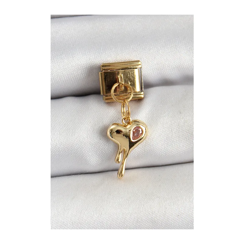 316L Çelik Sallantılı Zirkon Taşlı Eriyen Kalp Model Gold Renk Nomination Charm