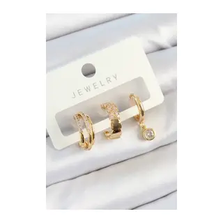 Pirinç Zirkon Taşlı Halka Model Gold Renk 3'lü Çift Kadın Küpe Set