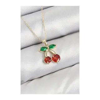 Pirinç Zirkon Taşlı Kiraz Model Gold Renk Kadın Kolye