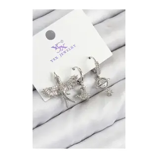 Pirinç Zirkon Taşlı 3'lü Kuş Model Gümüş Renk Kadın Küpe