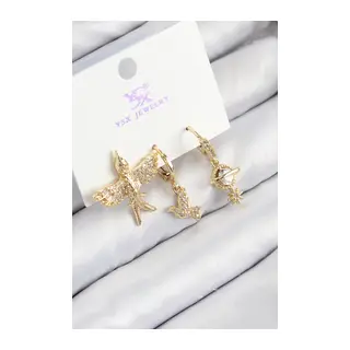 Pirinç Zirkon Taşlı 3'lü Kuş Model Gold Renk Kadın Küpe
