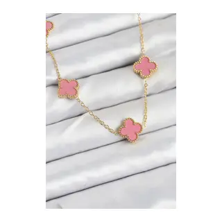 316L Çelik Zincir Gold Pembe Renk Yonca Kadın Kolye