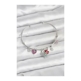 Gül Charmlı Gümüş Renk Pirinç Kadın Bileklik
