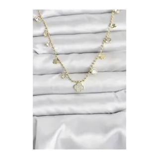 Pirinç Gold Renk Yonca Model Kadın Kolye