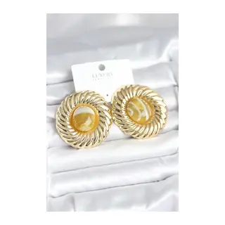 Pirinç Gold Renk Kehribar Boncuklu Vintage Kadın Küpe