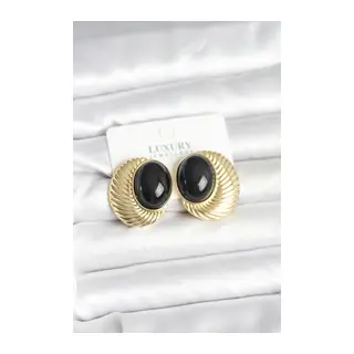 Pirinç Gold Renk Siyah Boncuklu Oval Vintage Kadın Küpe