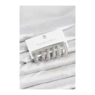 316L Çelik Gümüş Renk Zirkon Taşlı Damla Halka Küpe Seti