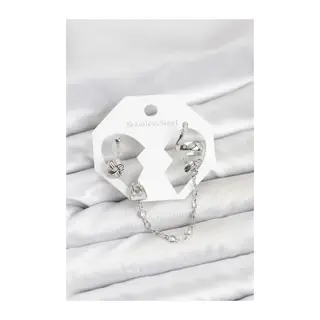 Pirinç Gümüş Renk Yılan Model Zincir Bağlantılı Ear Cuff Küpe Seti