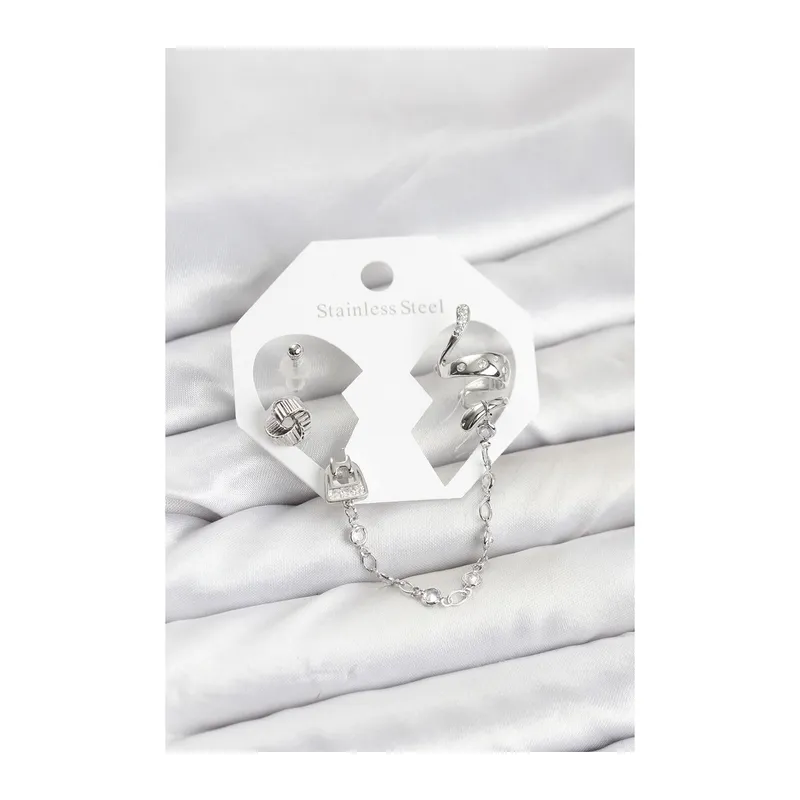 Pirinç Gümüş Renk Yılan Model Zincir Bağlantılı Ear Cuff Küpe Seti