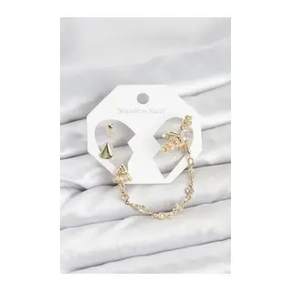 Pirinç Gold Renk Yıldızlı Model Zincir Bağlantılı Ear Cuff Küpe Seti