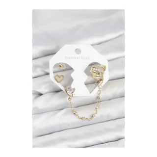 Pirinç Gold Renk Kalp Model Zincir Bağlantılı Ear Cuff Küpe Seti