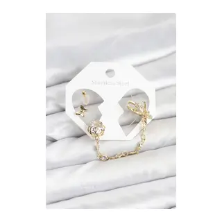 Pirinç Gold Renk Kelebekli Model Zincir Bağlantılı Ear Cuff Küpe Seti