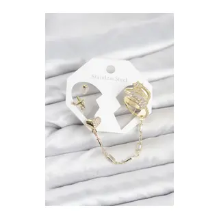 Kalp Yıldız Model Pirinç Gold Renk Zincir Bağlantılı Ear Cuff Küpe Seti