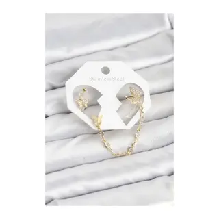 Kelebek Model Pirinç Gold Renk Zincir Bağlantılı Ear Cuff Küpe Seti