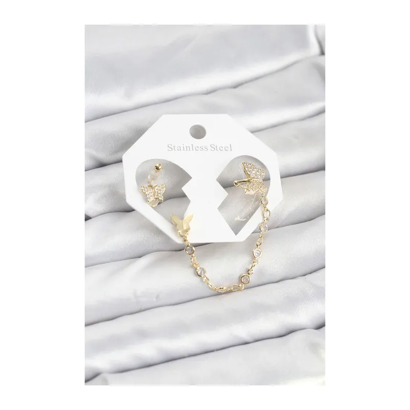 Kelebek Model Pirinç Gold Renk Zincir Bağlantılı Ear Cuff Küpe Seti