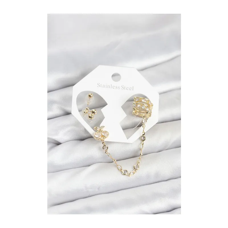 Kiraz Model Pirinç Gold Renk Zincir Bağlantılı Ear Cuff Küpe Seti