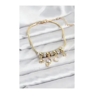 Pirinç Gold Renk Uzay Tema Charmlı Kadın Bileklik