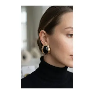 Pirinç Siyah Badem Model Vintage Gold Kadın Küpe