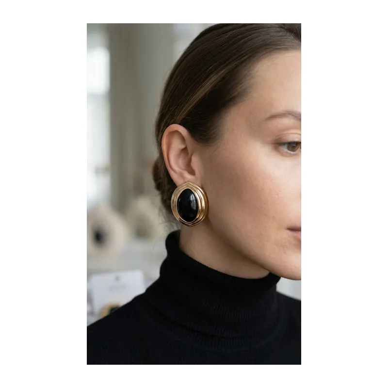 Pirinç Siyah Badem Model Vintage Gold Kadın Küpe