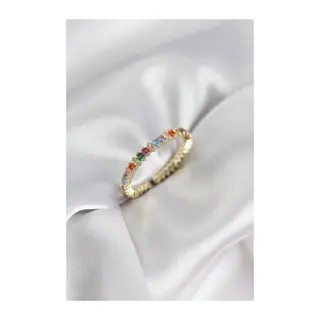 Sıralı Karışık Renkli Gold Renk Zirkon Taşlı Kadın Yüzük