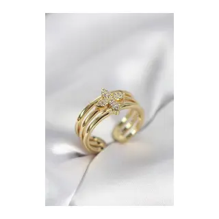 Gold Renk Zirkon Taşlı Yonca Model Kadın Yüzük