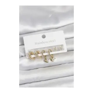 316L Çelik Gold Renk Kalp Detaylı Kadın Küpe Seti