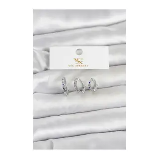 Pirinç Gümüş Renk Nazarlı Model 3'lü Kadın Küpe