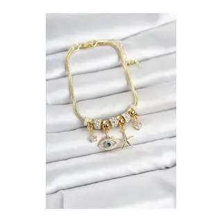 Pirinç Gold Renk Göz Model Charmlı Kadın Bileklik