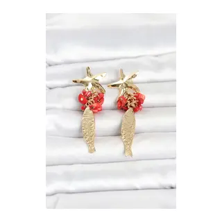 Deniz Yıldızı ve Balık Detaylı Kırmızı Taşlı Gold Renk Kadın Küpe