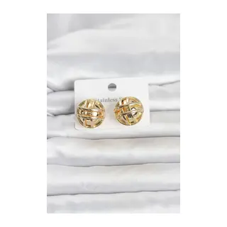 316L Çelik Gold Renk Desenli Top Model Kadın Küpe