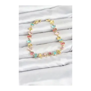 Kristal Taşlı Baget Kesimli Karışık Renkli Gold Renk Gema Kadın Bileklik