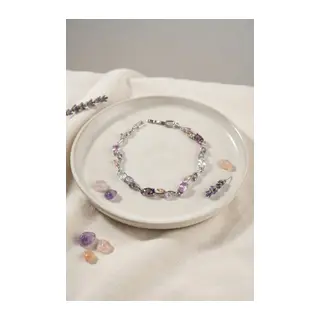 Pirinç Gümüş Renk Pembe ve Mor Zirkon Taşlı Çiçek Model Kadın Bileklik