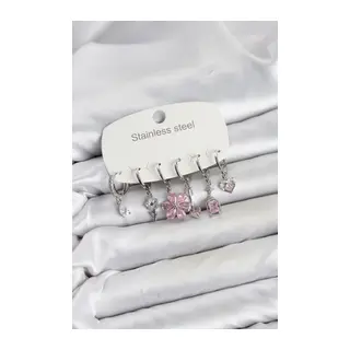 316L Çelik Gümüş Renk Pembe Zirkon Taşlı Lotus Detaylı Kadın Küpe Seti