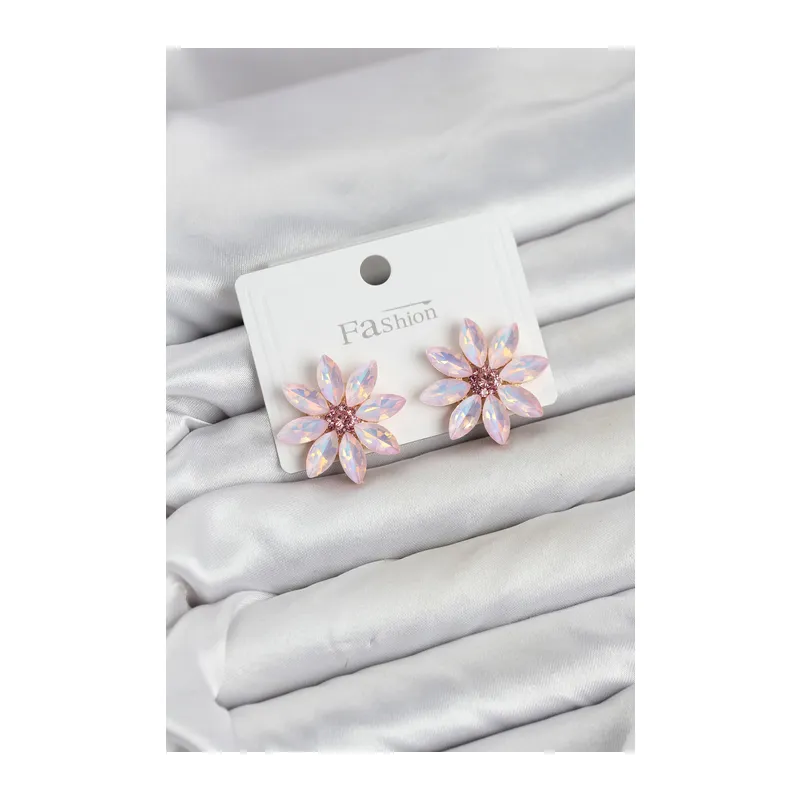 Pembe Renk Kristal Taşlı Lotus Çiçek Model Kadın Küpe