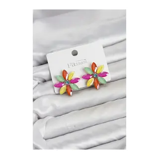 Karışık Renk Kristal Taşlı Lotus Çiçek Model Kadın Küpe