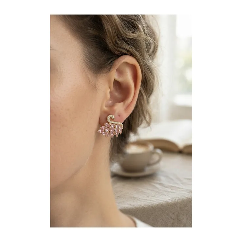 Pembe Zirkon Taşlı Gold Swan Kuğu Model Kadın Küpe
