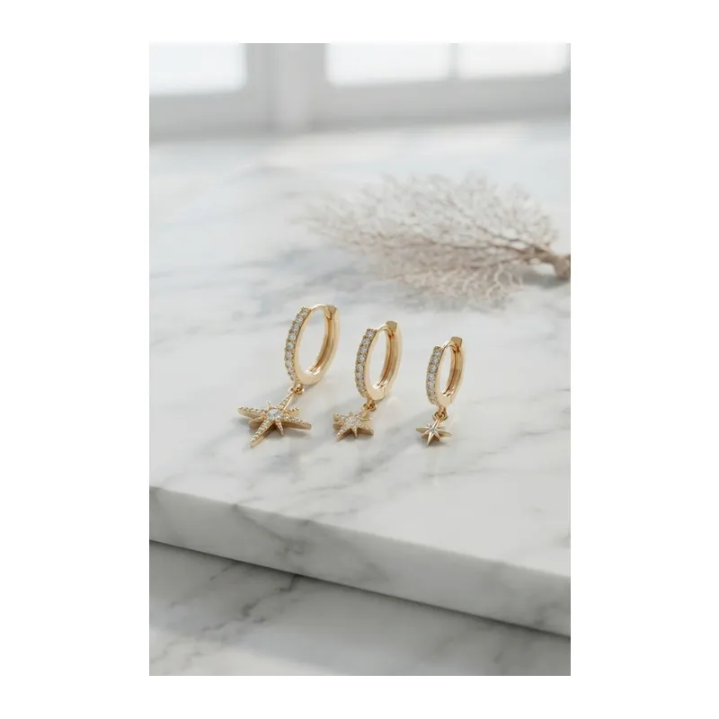 Gold Renk Kutup Yıldız Model 3 lü Küpe Seti