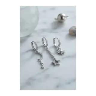3 lü Set Ay Yıldız ve Güneş Model Gümüş Renk Kadın Küpe
