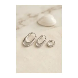Gümüş Renk Oval Halka Model Zirkon Taşlı 3 lü Küpe Set