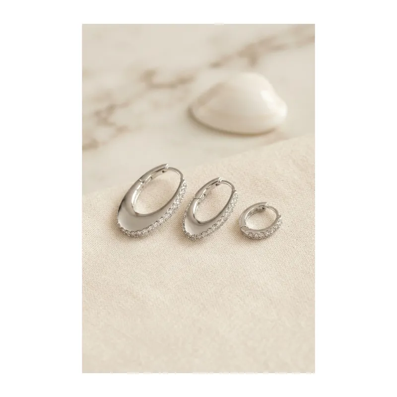 Gümüş Renk Oval Halka Model Zirkon Taşlı 3 lü Küpe Set