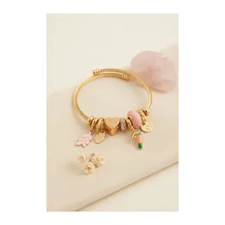 Kuş Figürlü Pembe Charmlı Gold Renk Bileklik
