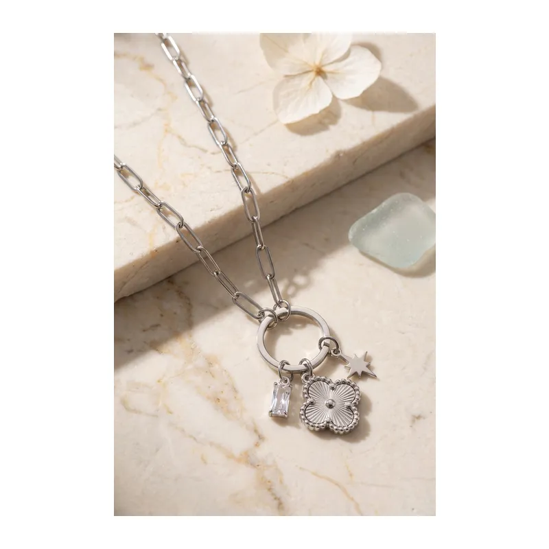 Gümüş Renk Ataç Zincir Yonca Model Kadın Kolye
